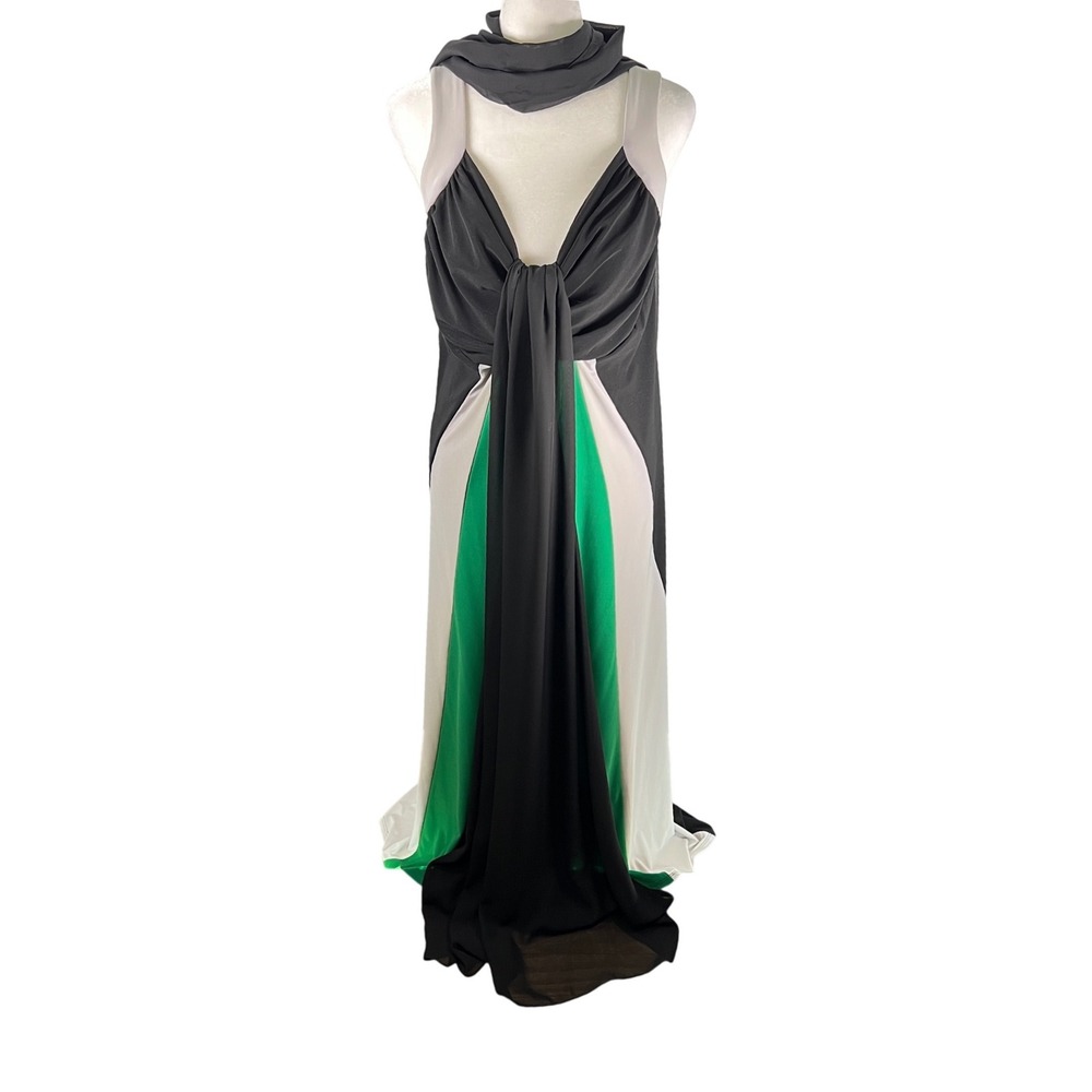 Antthony Original Women Maxi Dress Colorblock Black Green Grey Scarf NWT